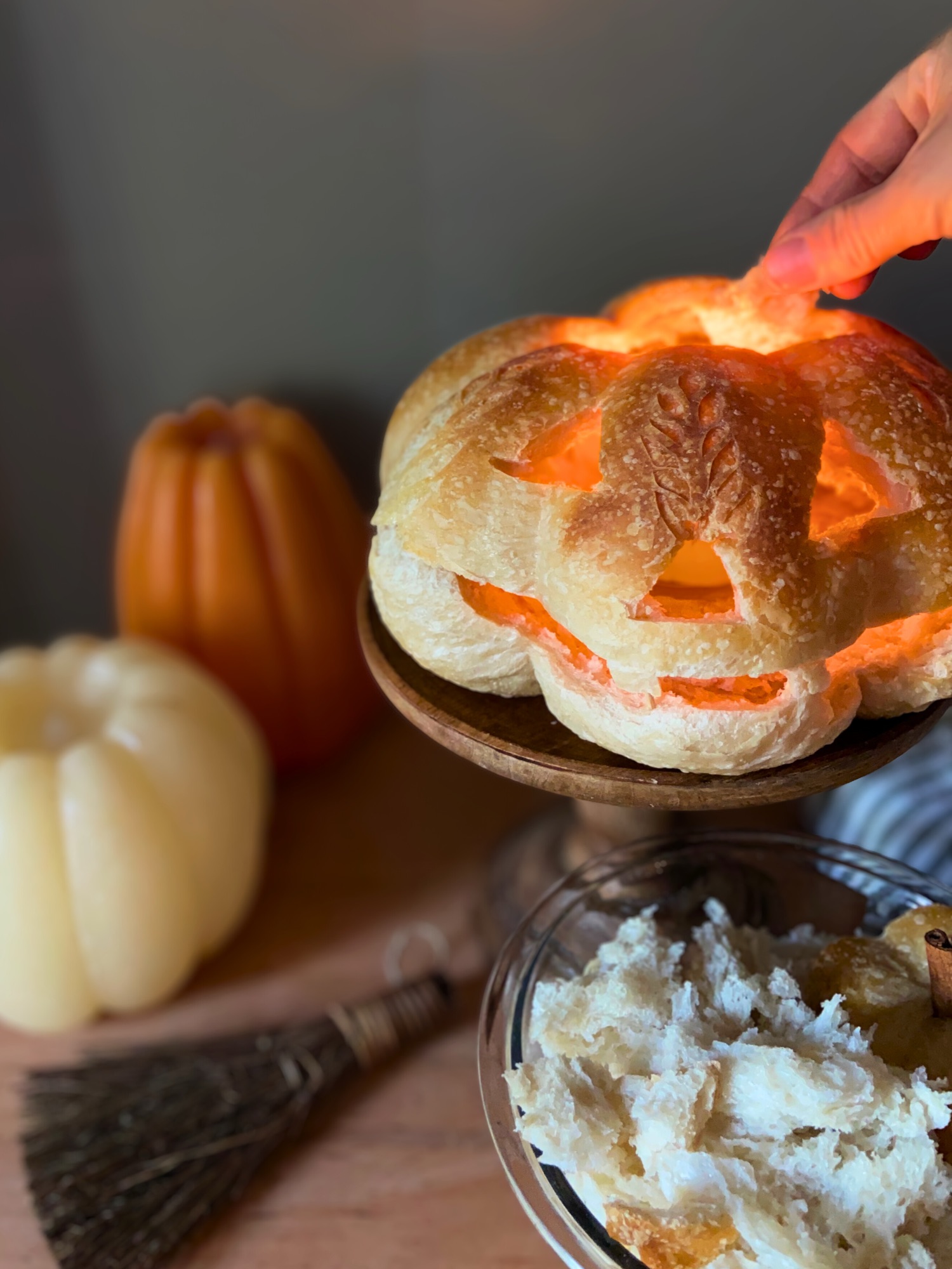 Sourdough Pumpkin Jack-O’-Lantern Bread with Butter Candle￼