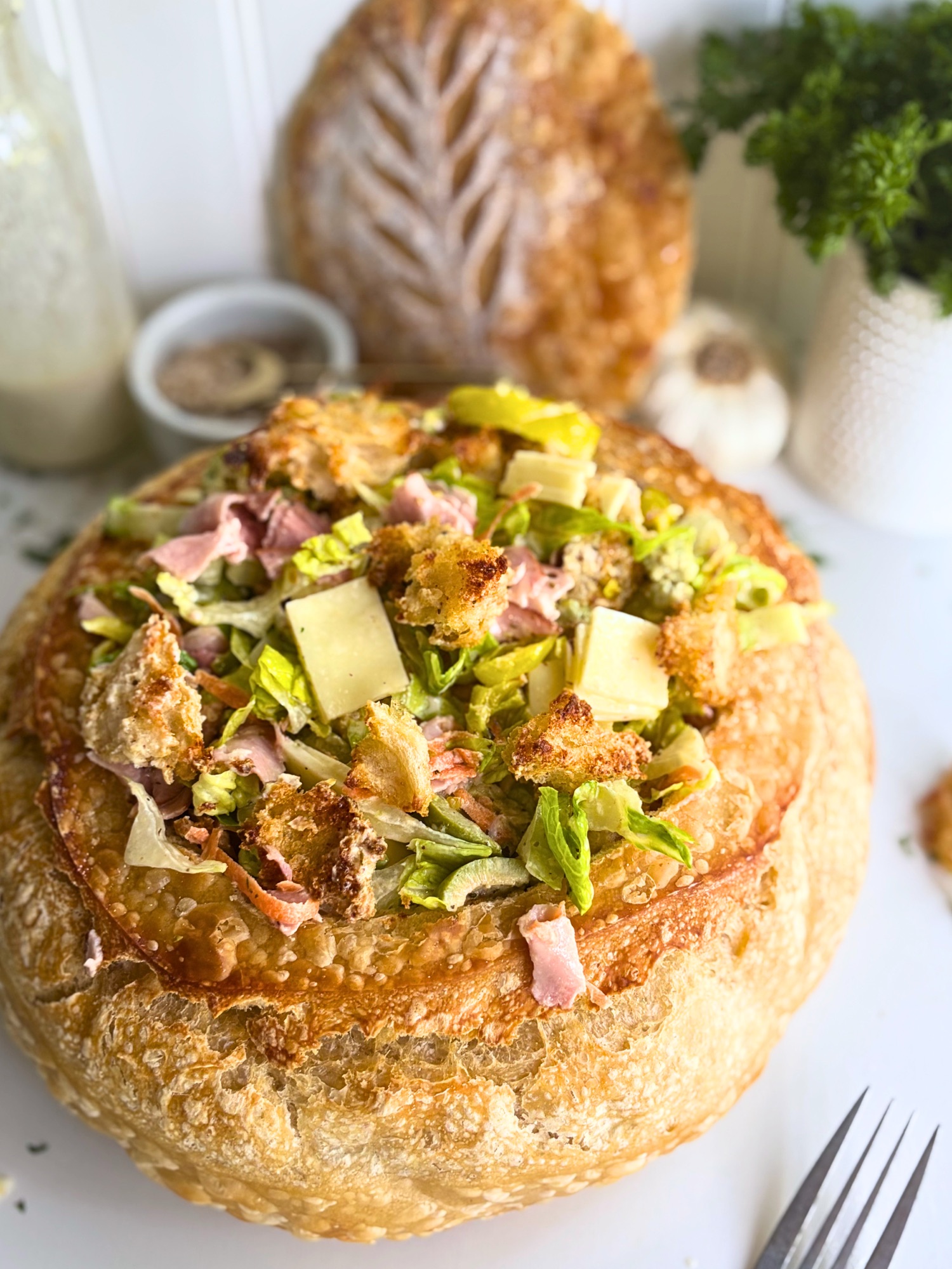 Grinder Salad in a Sourdough Bread Bowl with Croutons